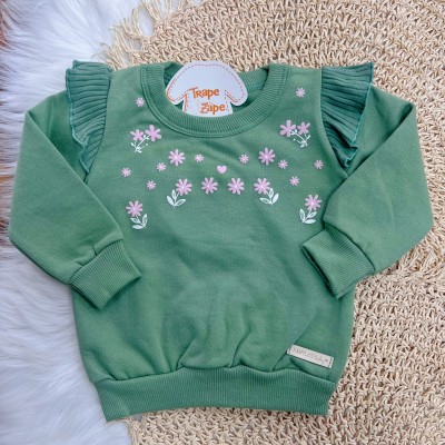 Conj. Casaco Floral de Moletom com Babadinhos e Calça Ribana Flare - Verde